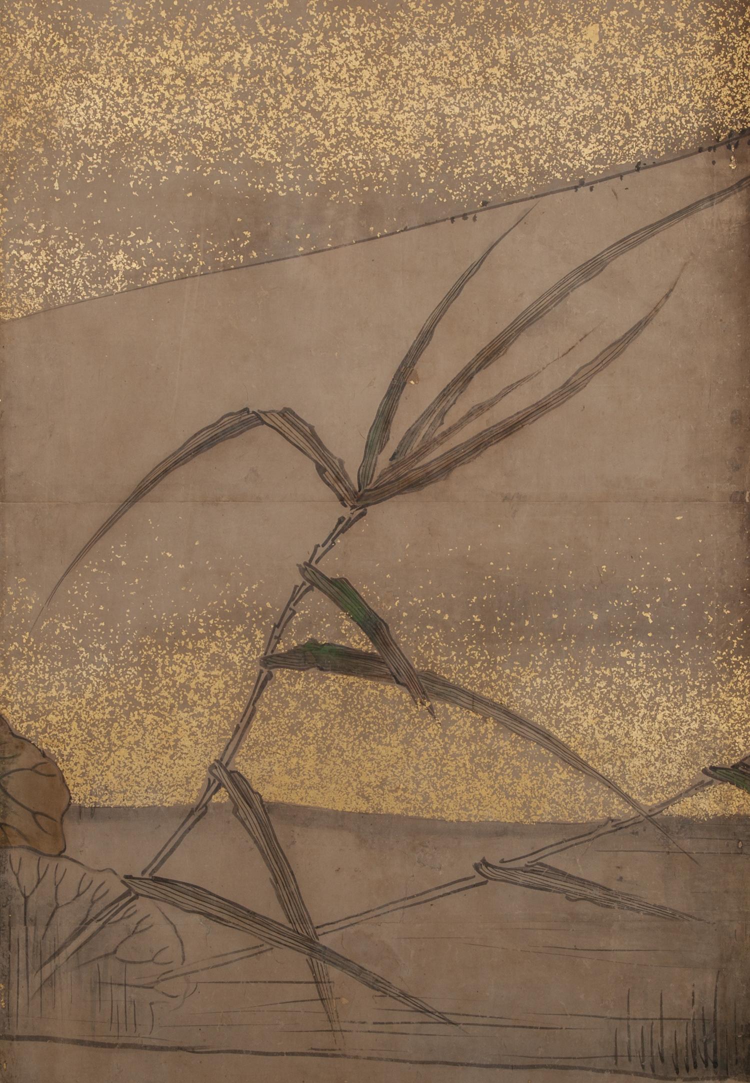 Japanese Six Panel Screen, Egrets in Water Landscape with Lotus and Loquats In Good Condition For Sale In Hudson, NY