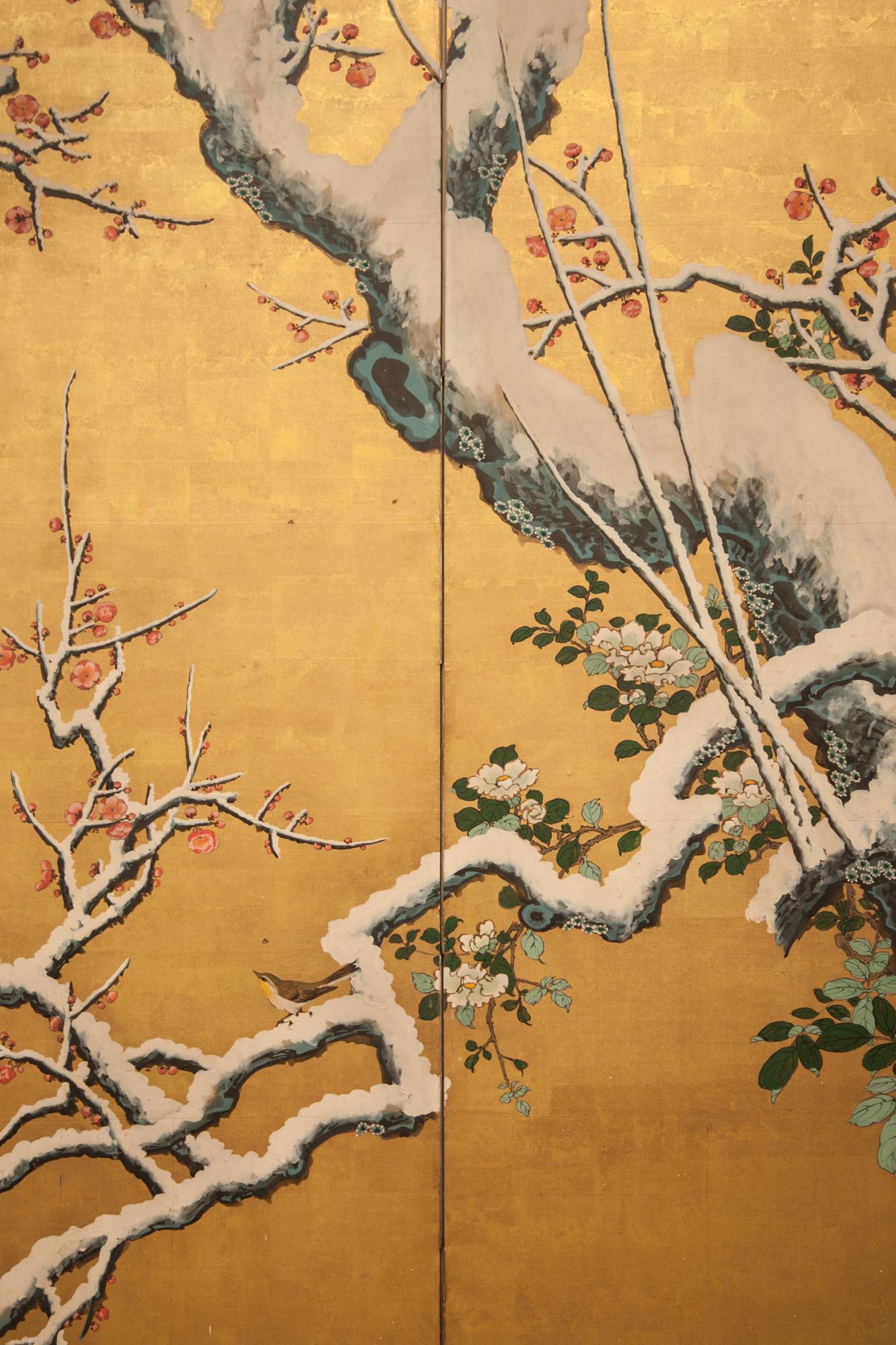 19th Century Japanese Six Panel Screen: Mandarin Ducks in Snowy Pond in Early Spring For Sale