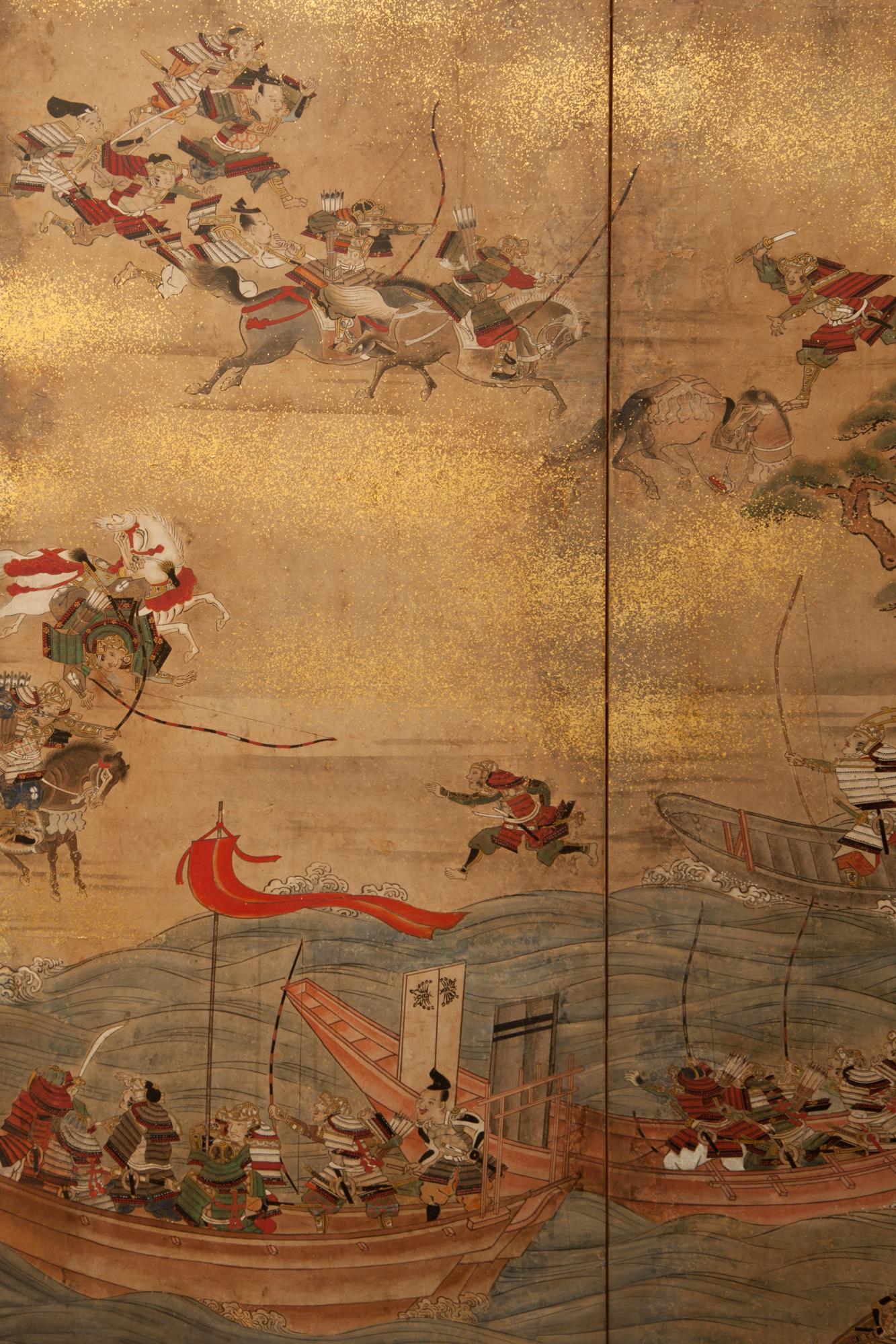 Japanese Six Panel Screen Battle of Yashima from the Heike Monogatari In Good Condition For Sale In Hudson, NY