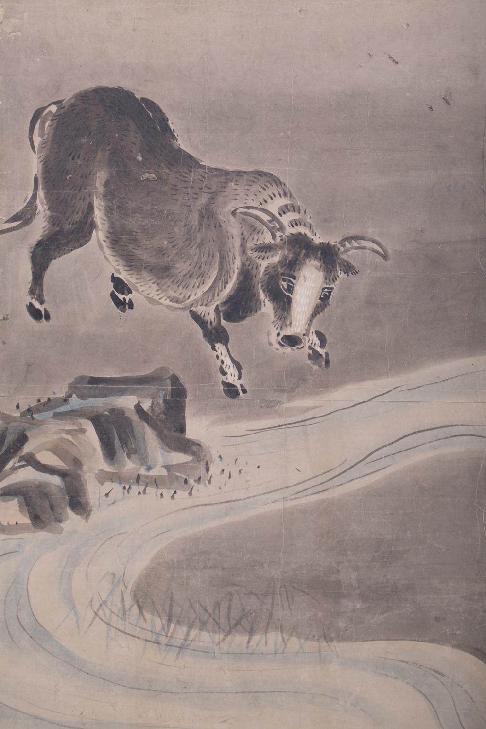 Japanische japanische Sechs-Paneel-Raumteiler-Stiere in einer Gentle Landscape (19. Jahrhundert) im Angebot