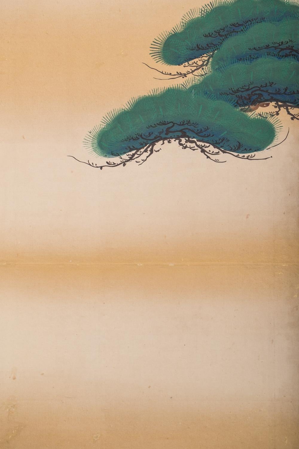 19th Century Japanese Six Panel Screen, Young Pine and Bell Flowers For Sale