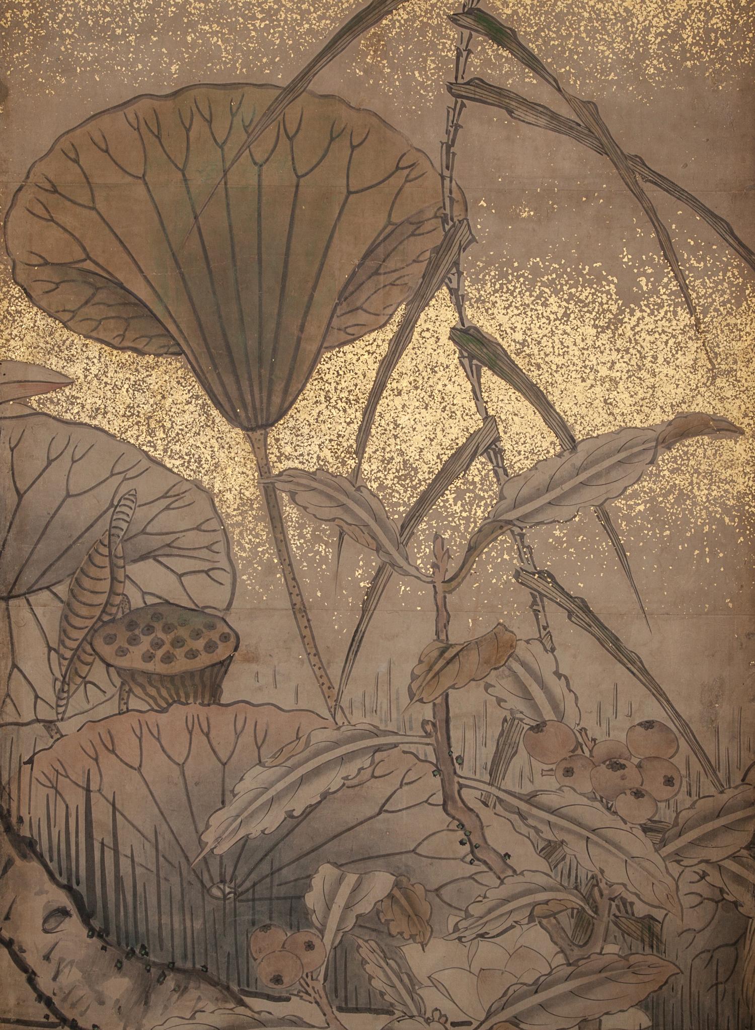 19th Century Japanese Six Panel Screen, Egrets in Water Landscape with Lotus and Loquats For Sale