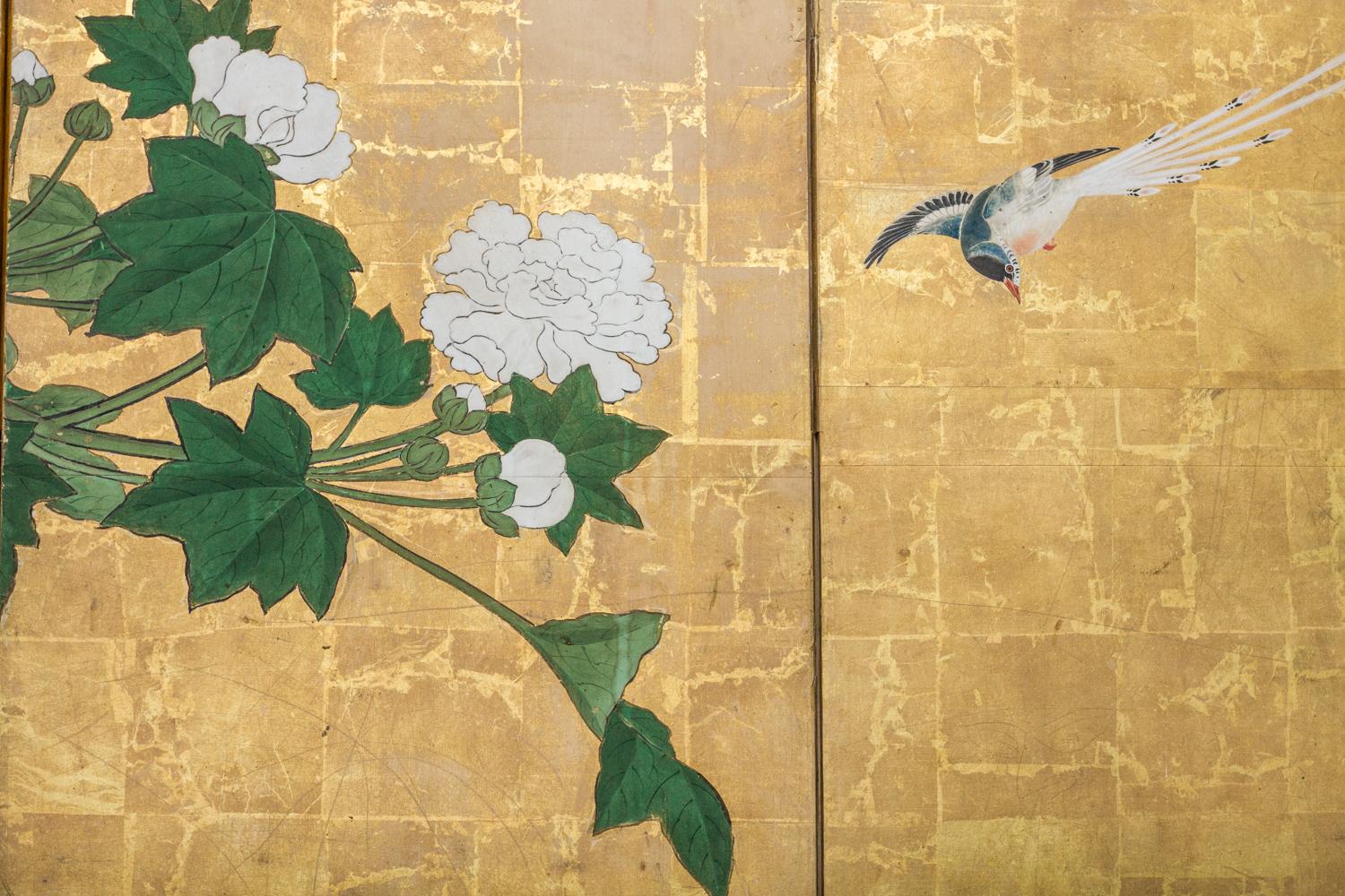 Japonais Paravent japonais à six panneaux représentant un chat et des chatons et un joli ruisseau de jonc en vente