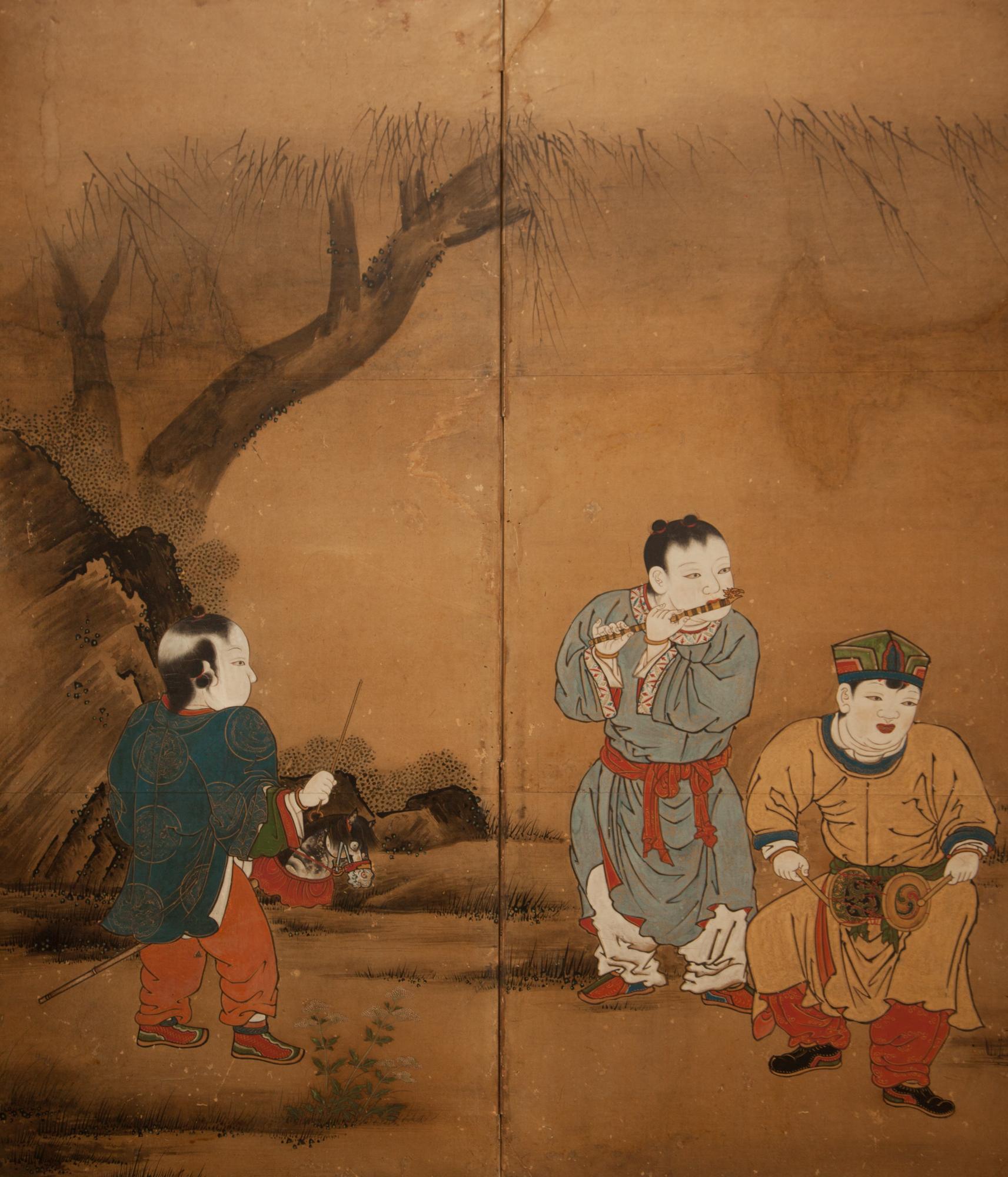 Bronze Japanese Six Panel Screen: Karako 'Chinese Children' For Sale