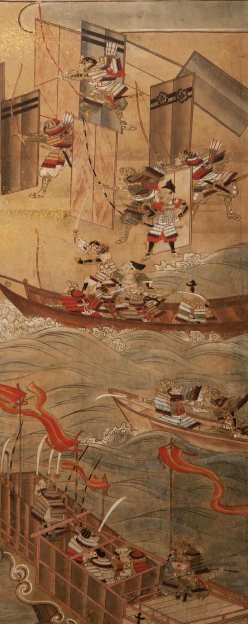 18th Century and Earlier Japanese Six Panel Screen Battle of Yashima from the Heike Monogatari For Sale