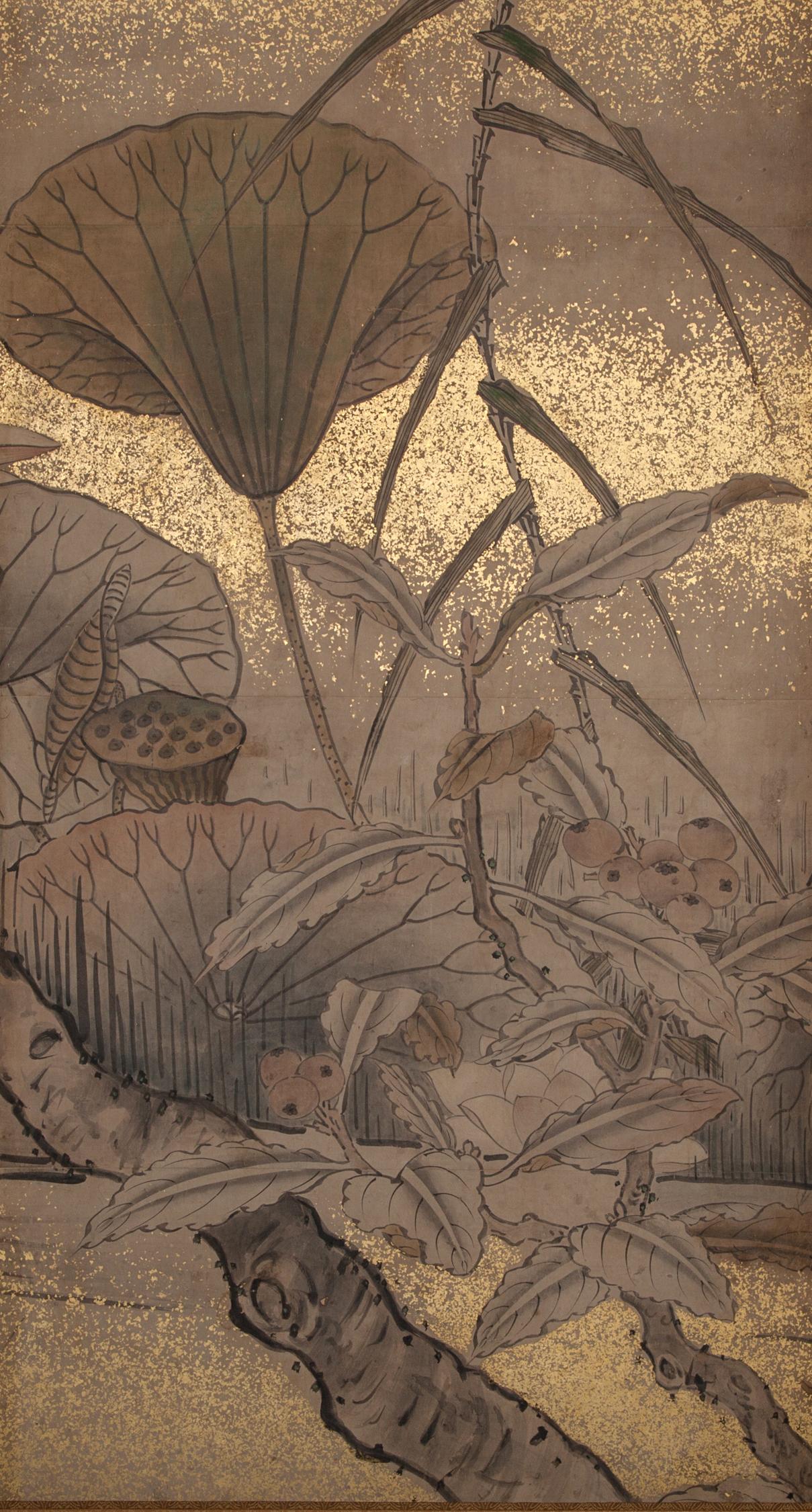 Brocade Japanese Six Panel Screen, Egrets in Water Landscape with Lotus and Loquats For Sale