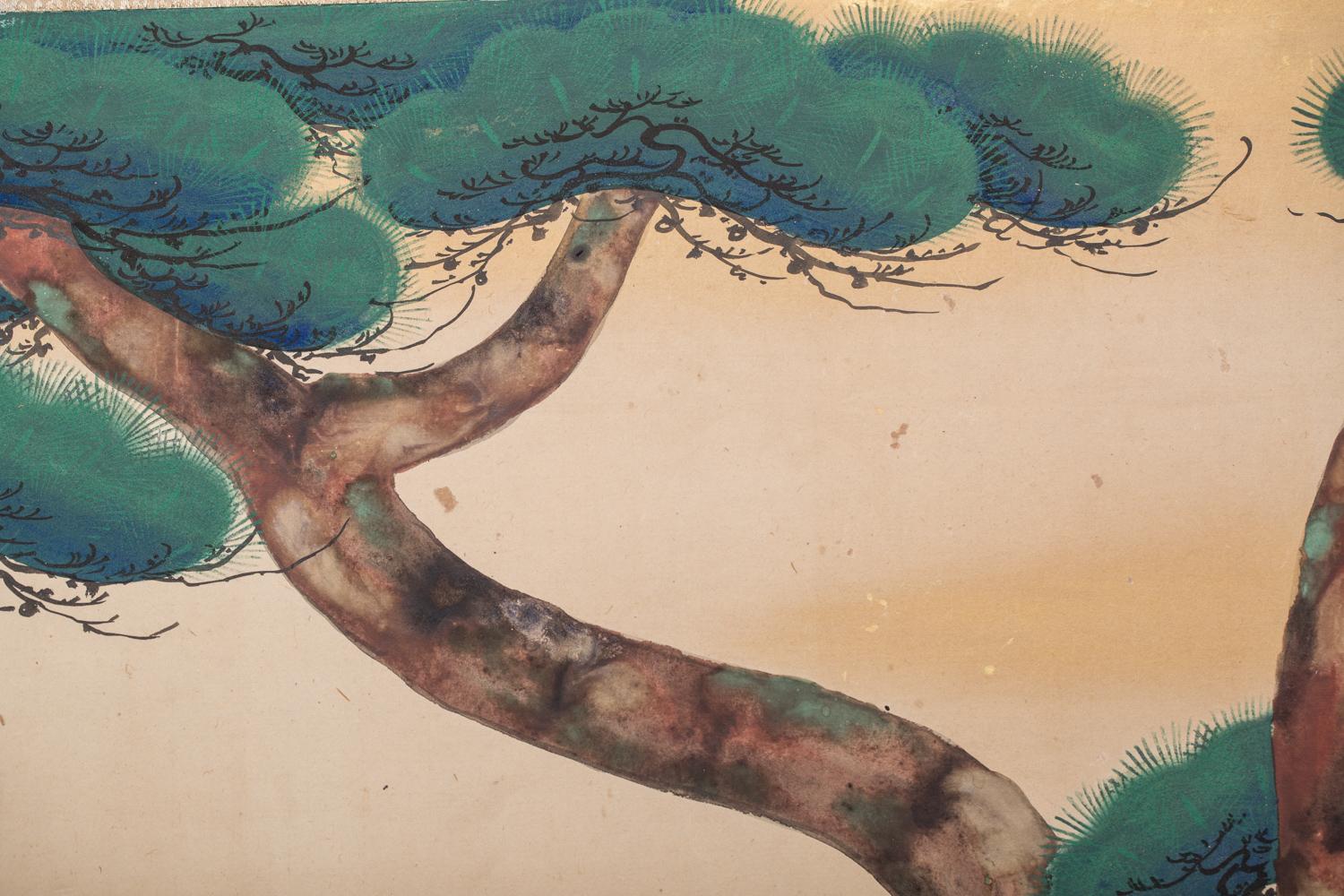 Japanese Six Panel Screen, Young Pine and Bell Flowers For Sale 1