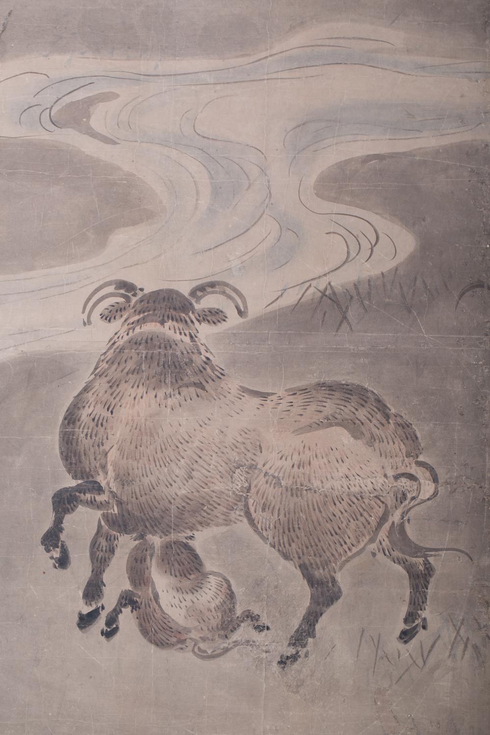 Japanese Six Panel Screen Bulls in a Gentle Landscape For Sale 1