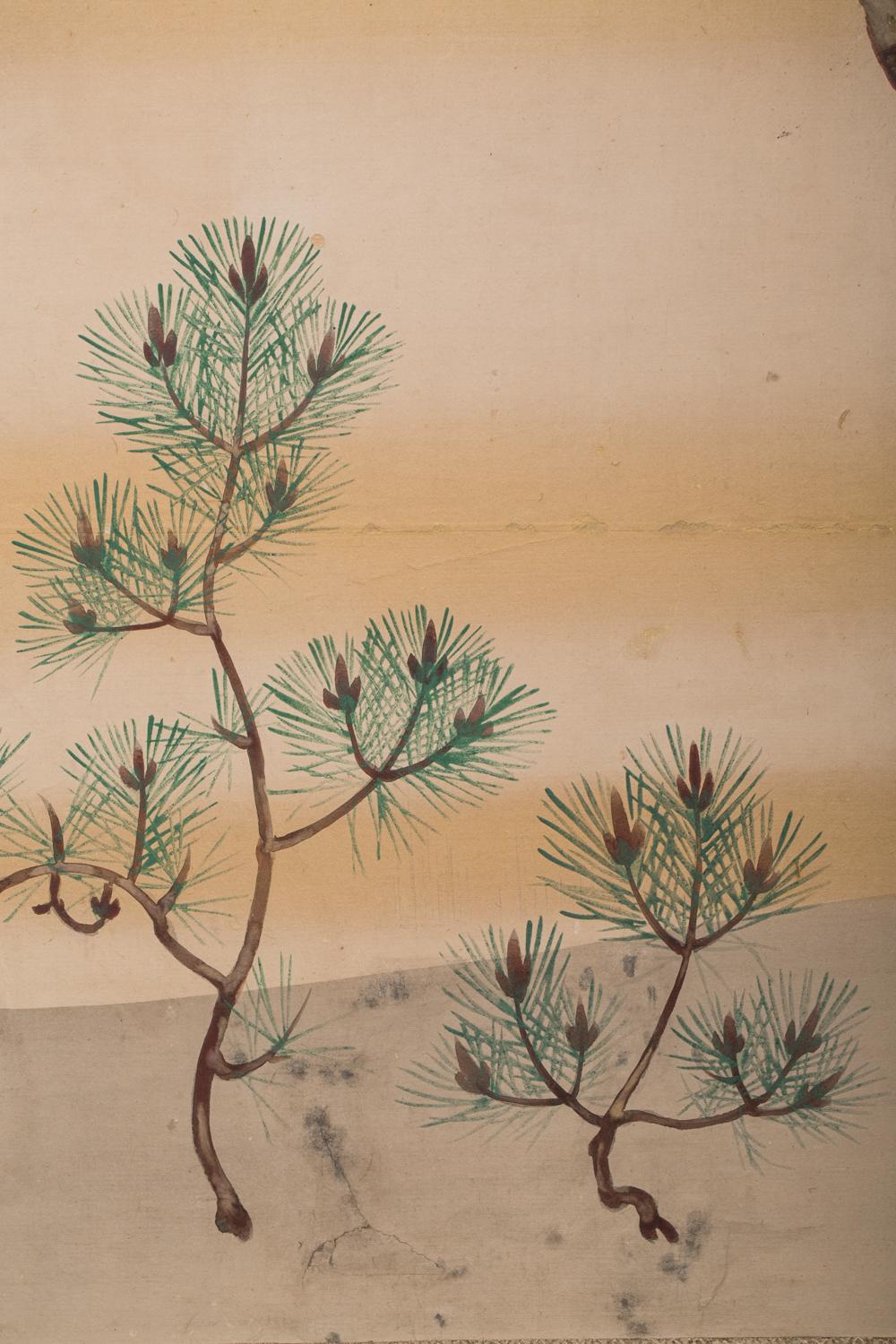 Japanese Six Panel Screen, Young Pine and Bell Flowers For Sale 2