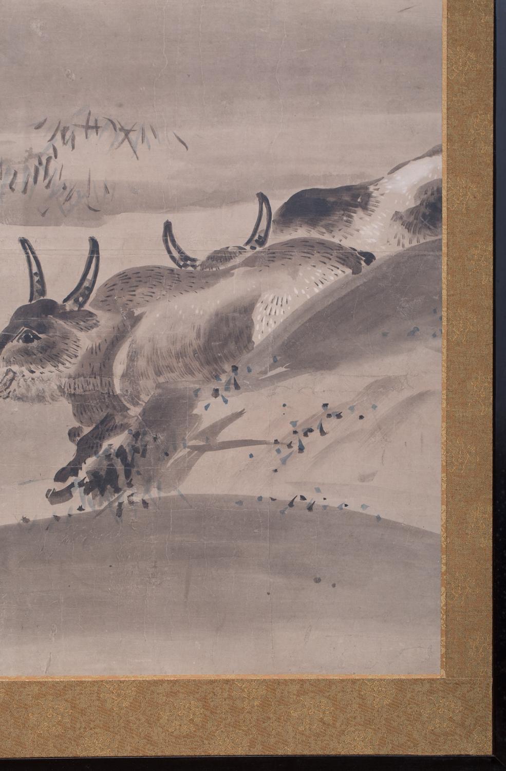 Japanese Six Panel Screen Bulls in a Gentle Landscape For Sale 2