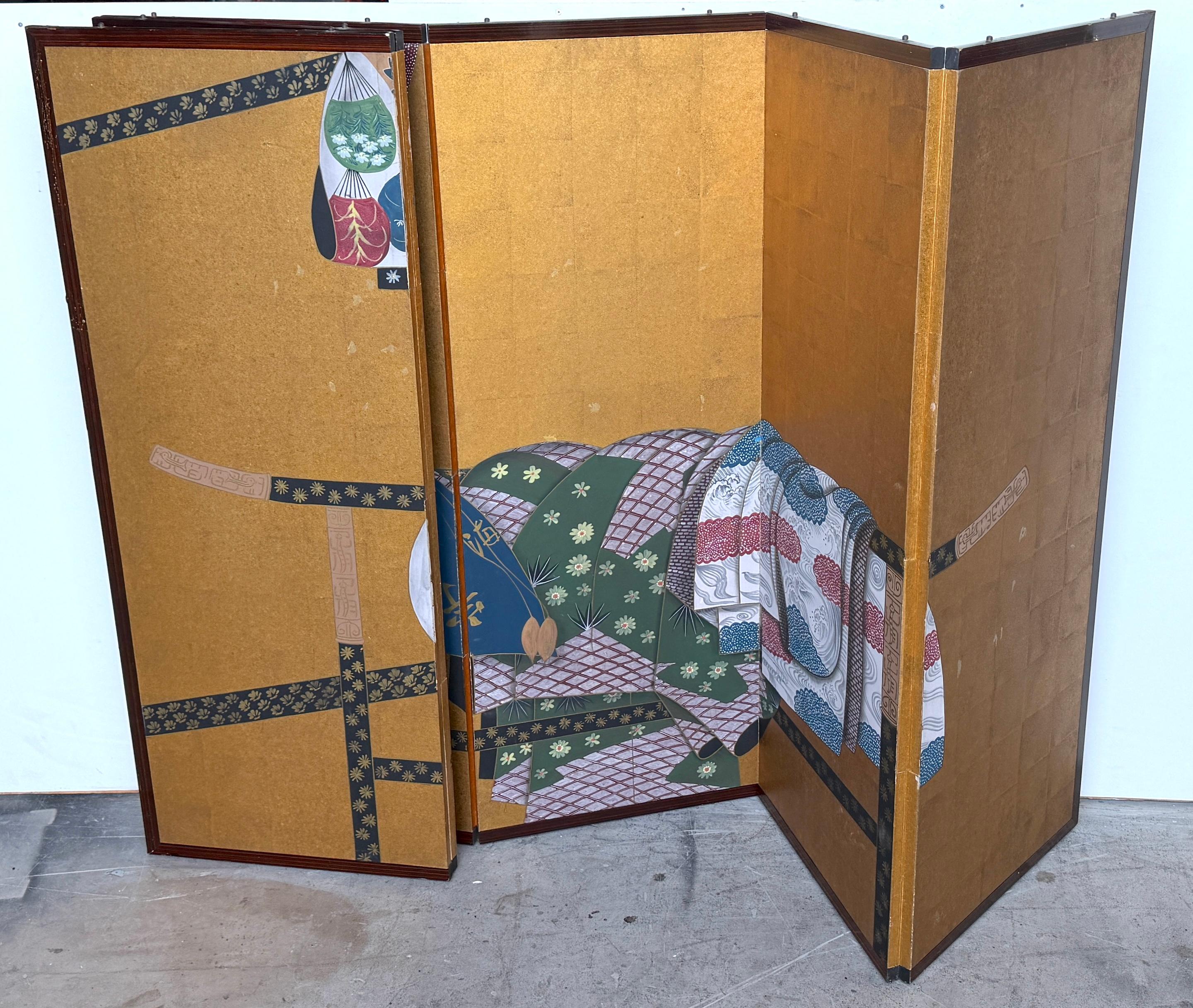 Byōbu/écran japonais à six panneaux représentant des kimonos et des obi drapés sur un Ikō Rac en vente 5
