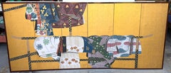 Japanese Six-Panel Byōbu/ Screen Depicting Kimonos and Obi Draped on an Ikō Rac