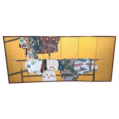 Japanese Six-Panel Byōbu/ Screen Depicting Kimonos and Obi Draped on an Ikō Rac