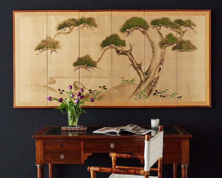 Japanese SixPanel Byobu Screen of Pine Trees on Gold Leaf at 1stDibs