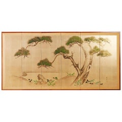 Paravent japonais Byobu à six panneaux représentant des pins sur feuille d'or