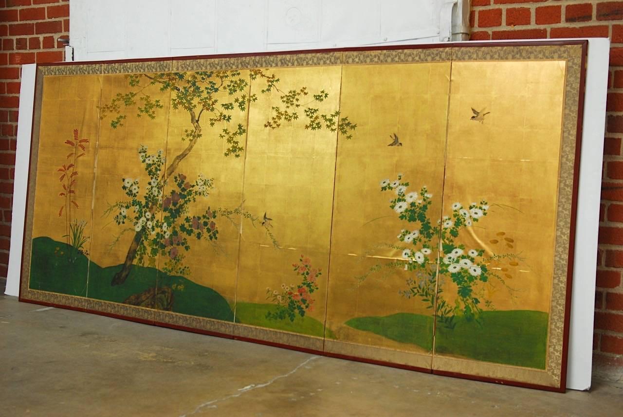 Meiji Japanese Six-Panel Byobu Screen Spring Floral and Fauna 