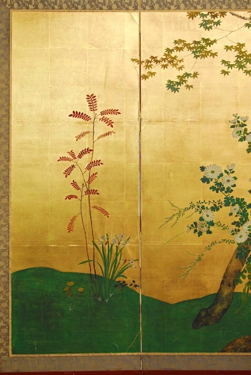 Painted Japanese Six-Panel Byobu Screen Spring Floral and Fauna 