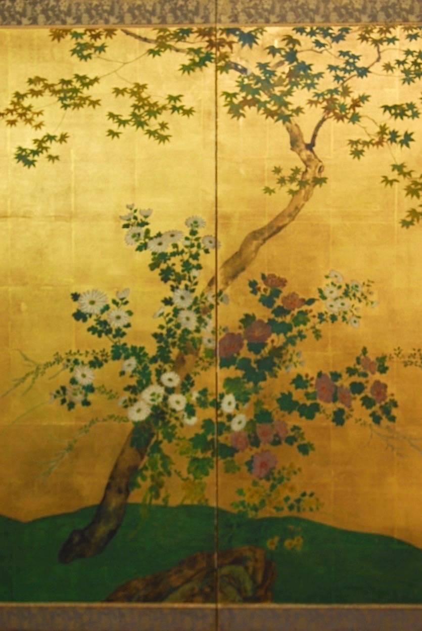 Japanese Six-Panel Byobu Screen Spring Floral and Fauna  In Distressed Condition In Rio Vista, CA