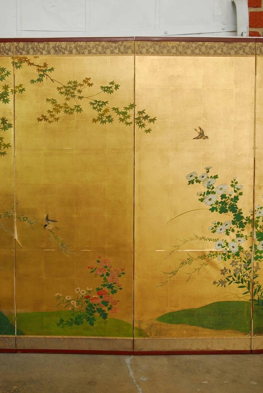 20th Century Japanese Six-Panel Byobu Screen Spring Floral and Fauna 