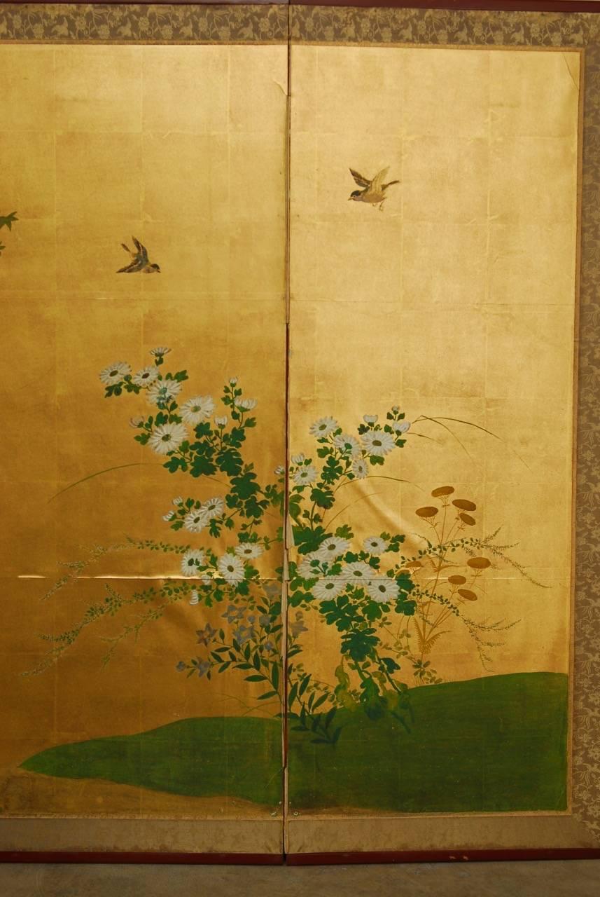 Wood Japanese Six-Panel Byobu Screen Spring Floral and Fauna 