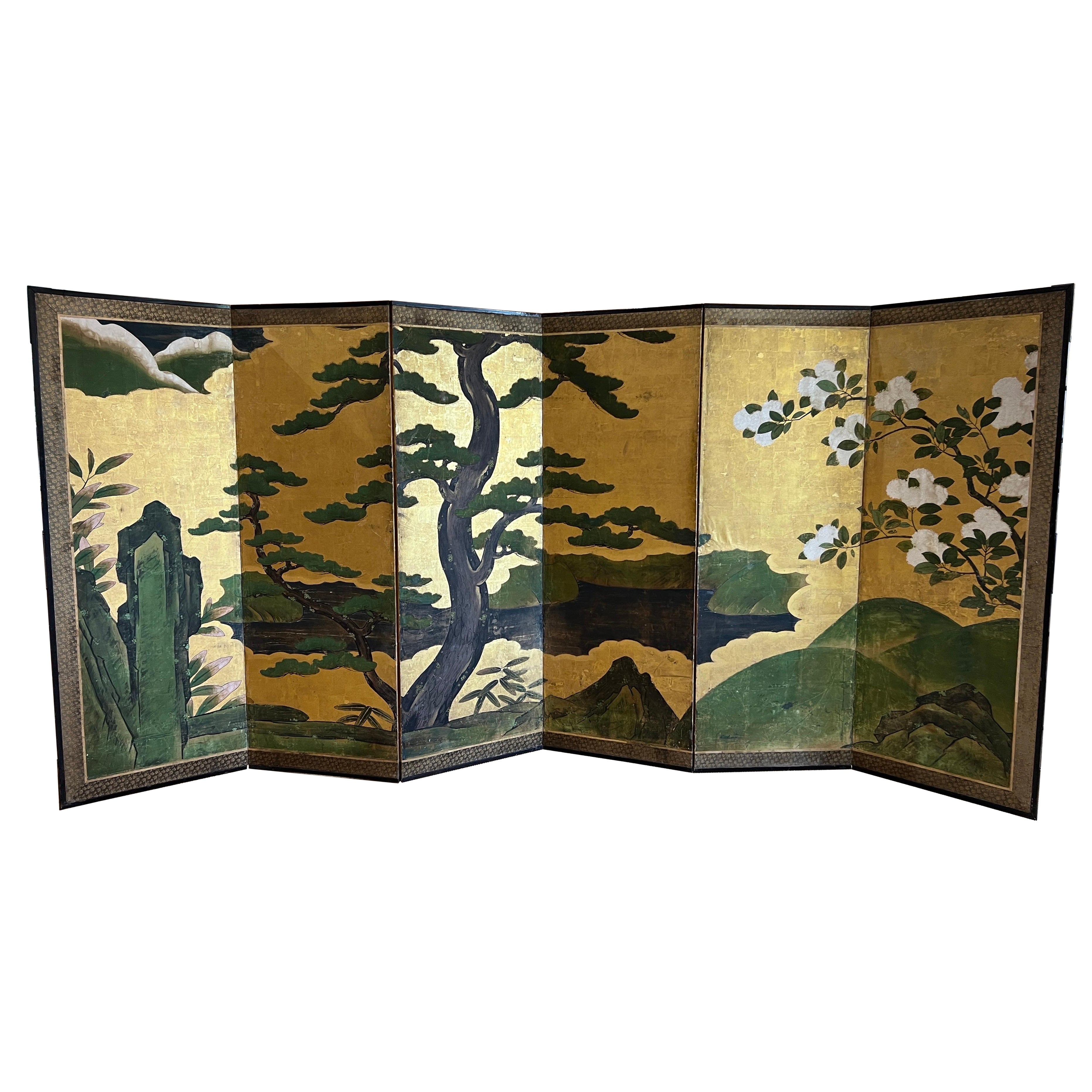 Japanischer Sechs-Panel Byōbu Paravent mit Kiefer, Ende 18. - Anfang 19.