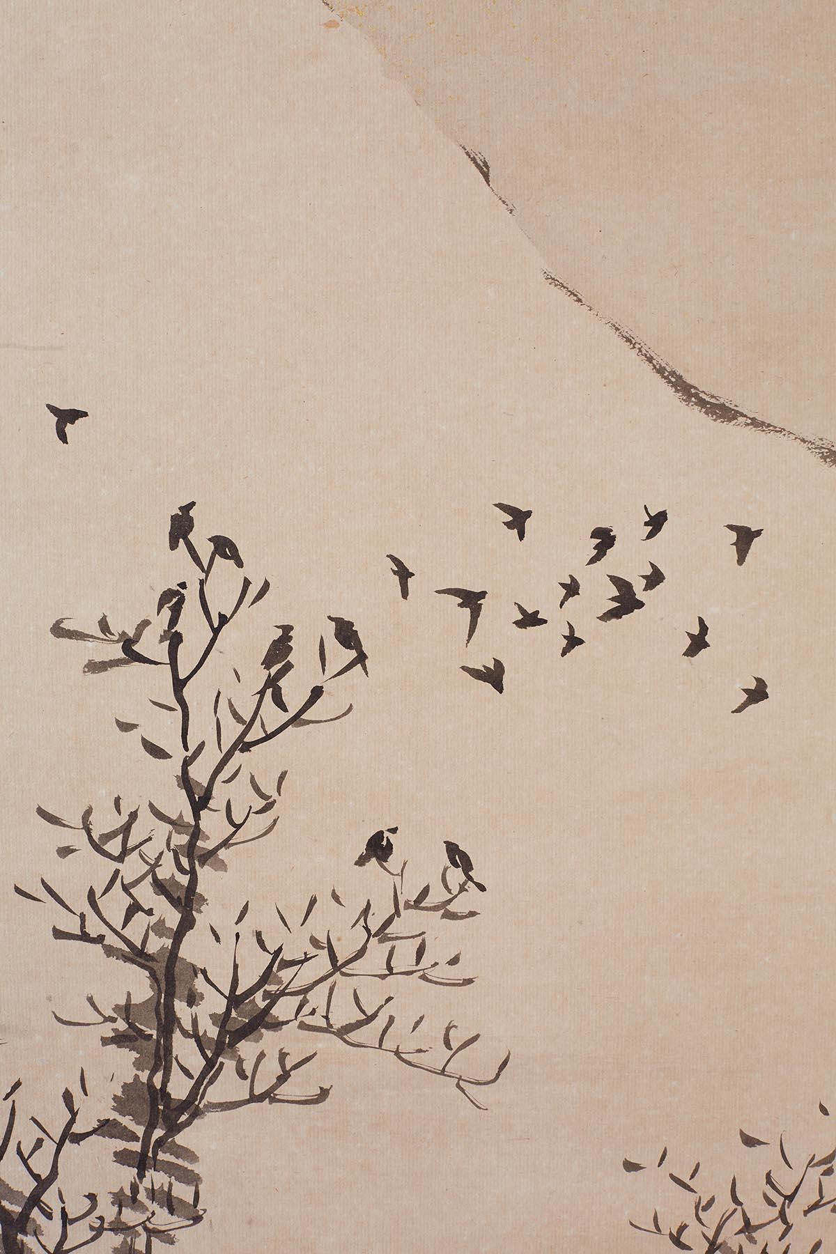 Japanese Six Panel Edo Ink on Paper Landscape Screen 7