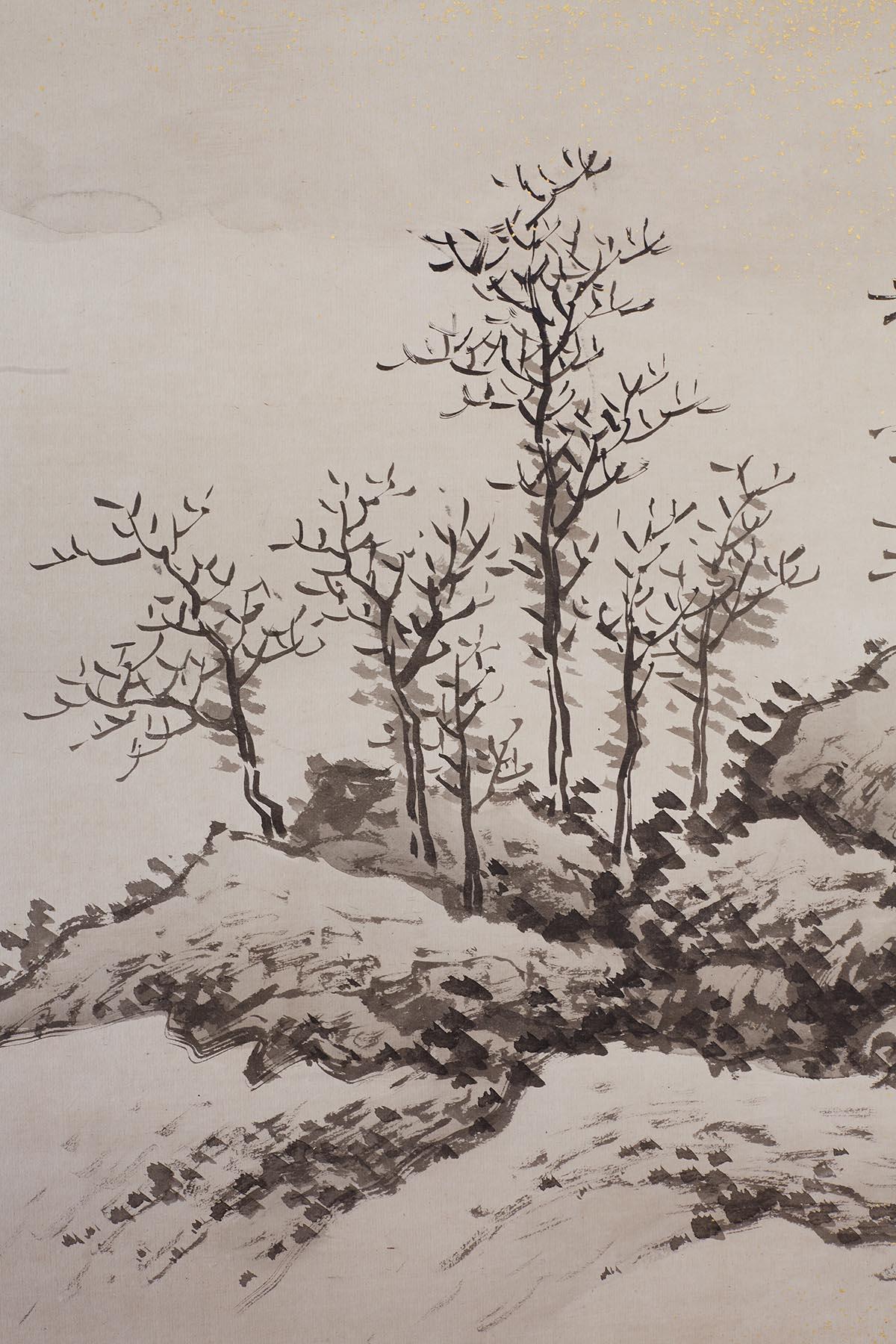 Japanese Six Panel Edo Ink on Paper Landscape Screen 8
