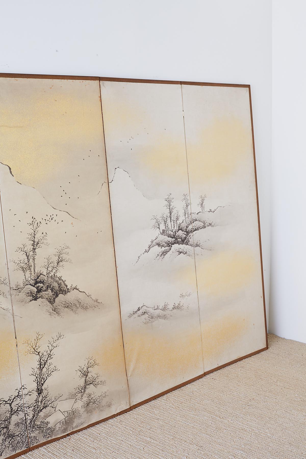Japanese Six Panel Edo Ink on Paper Landscape Screen 9