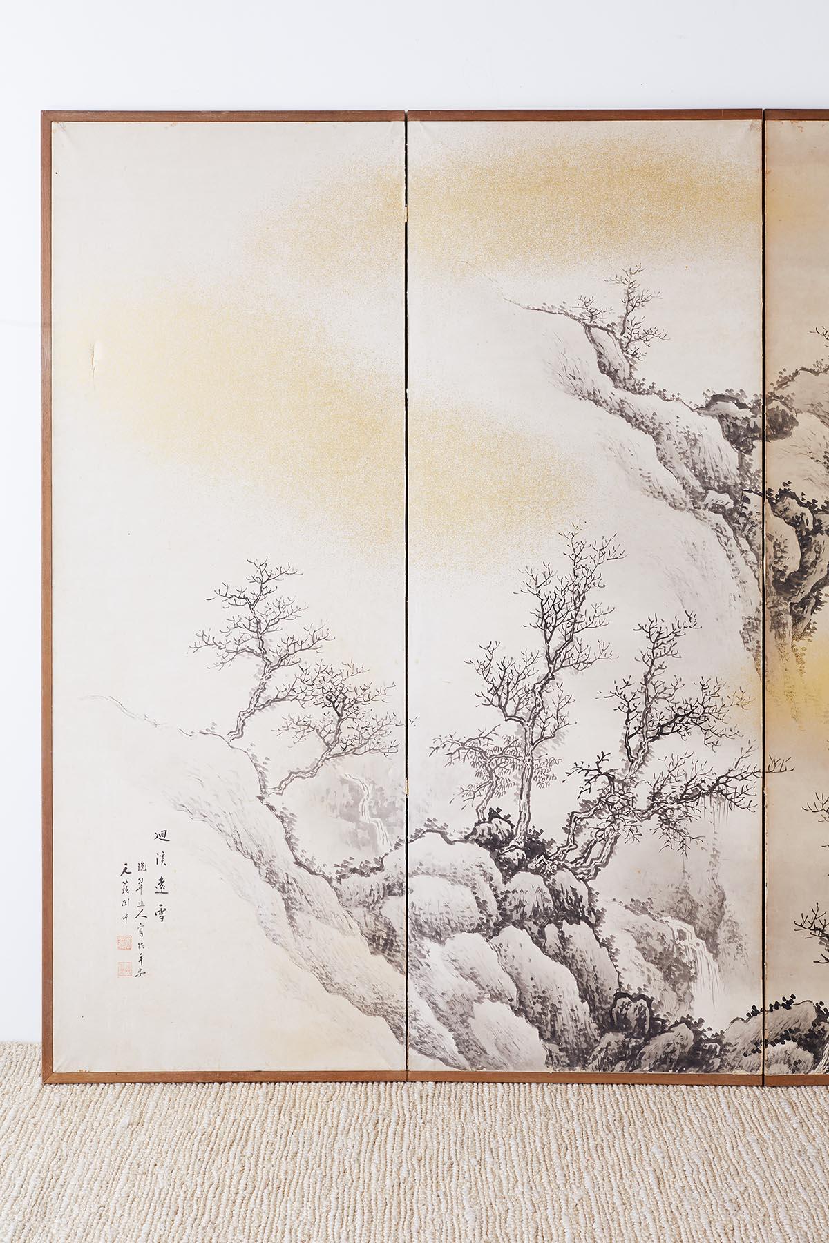 Japanese Six Panel Edo Ink on Paper Landscape Screen (Japanisch)