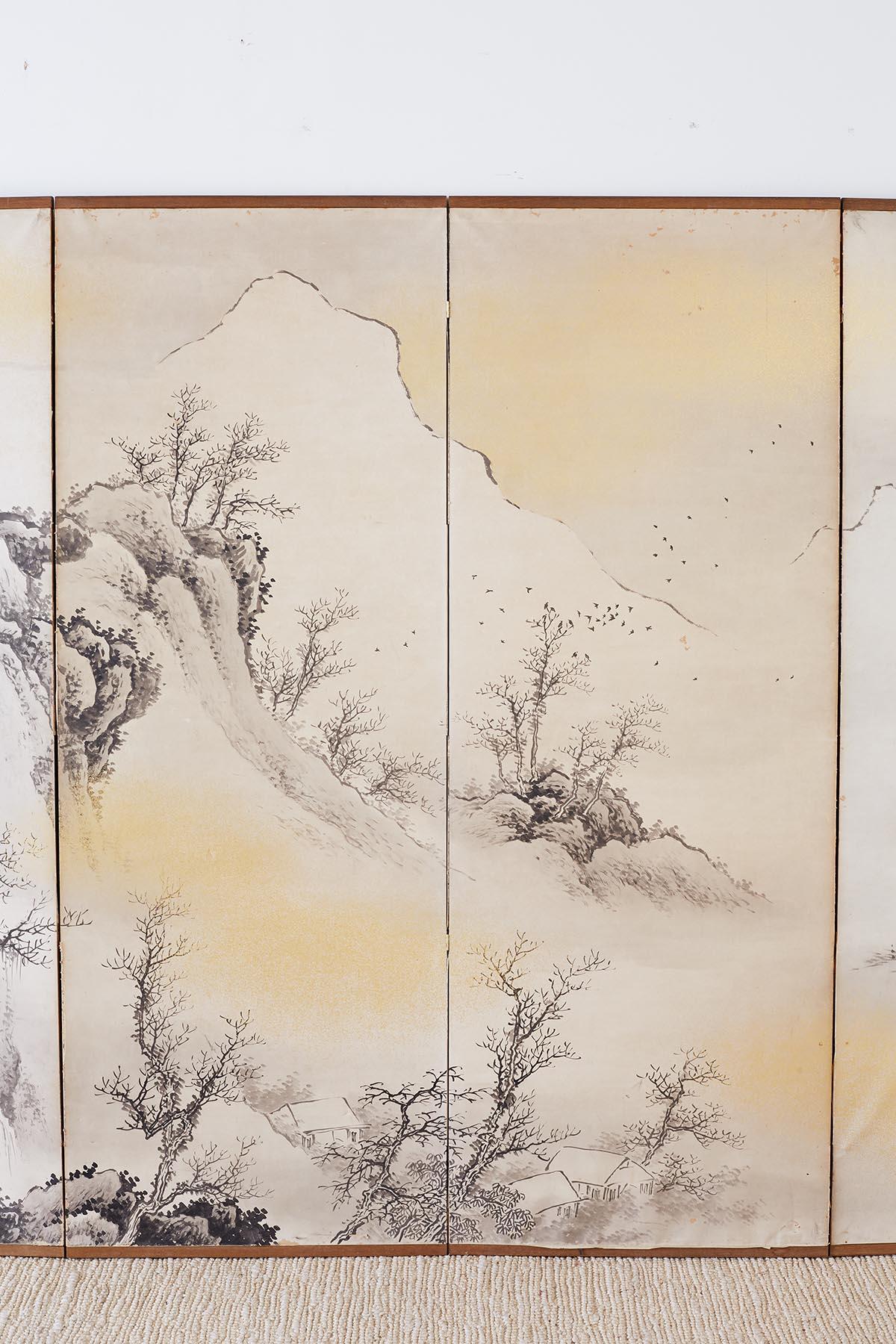 Japanese Six Panel Edo Ink on Paper Landscape Screen (Handgefertigt)