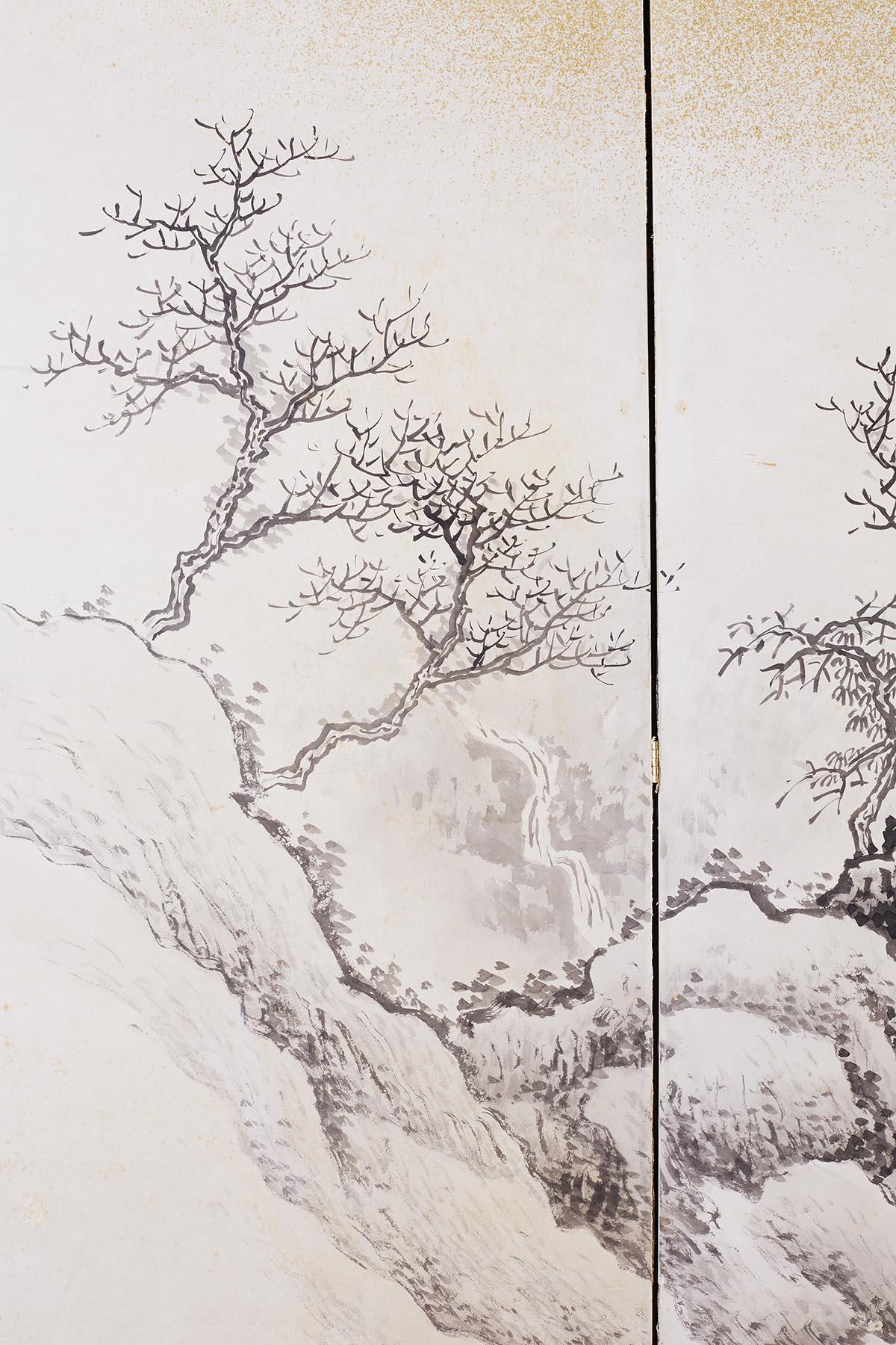 Japanese Six Panel Edo Ink on Paper Landscape Screen 1