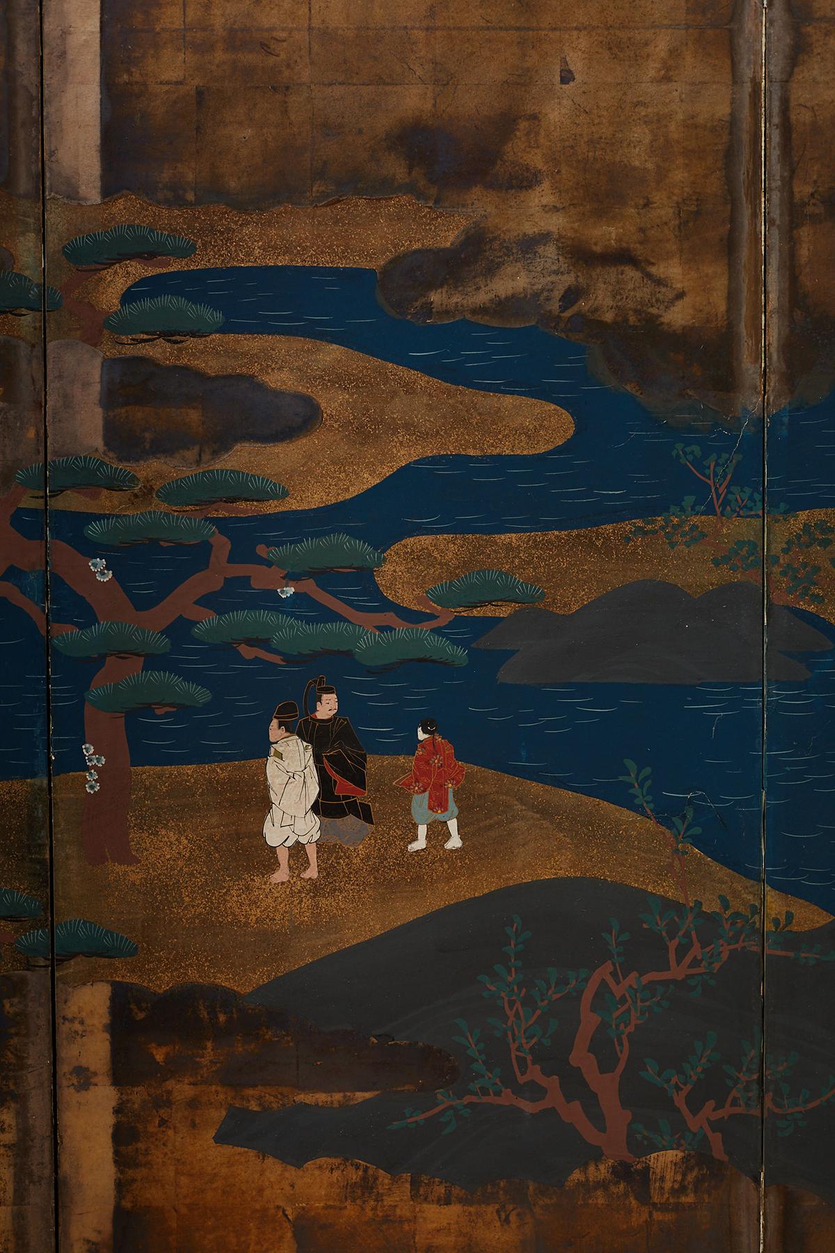 Japanese Six Panel Edo Period Style Tosa School Screen 9