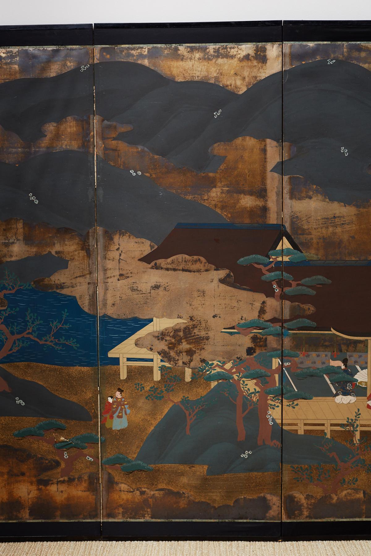 Ebonized Japanese Six Panel Edo Period Style Tosa School Screen