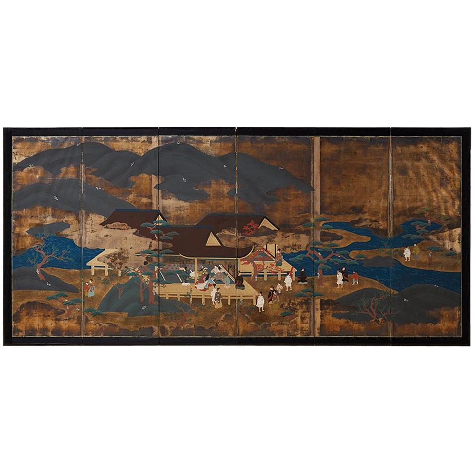 Japanese Six Panel Edo Period Style Tosa School Screen