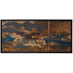 Vintage Japanese Six Panel Edo Period Style Tosa School Screen