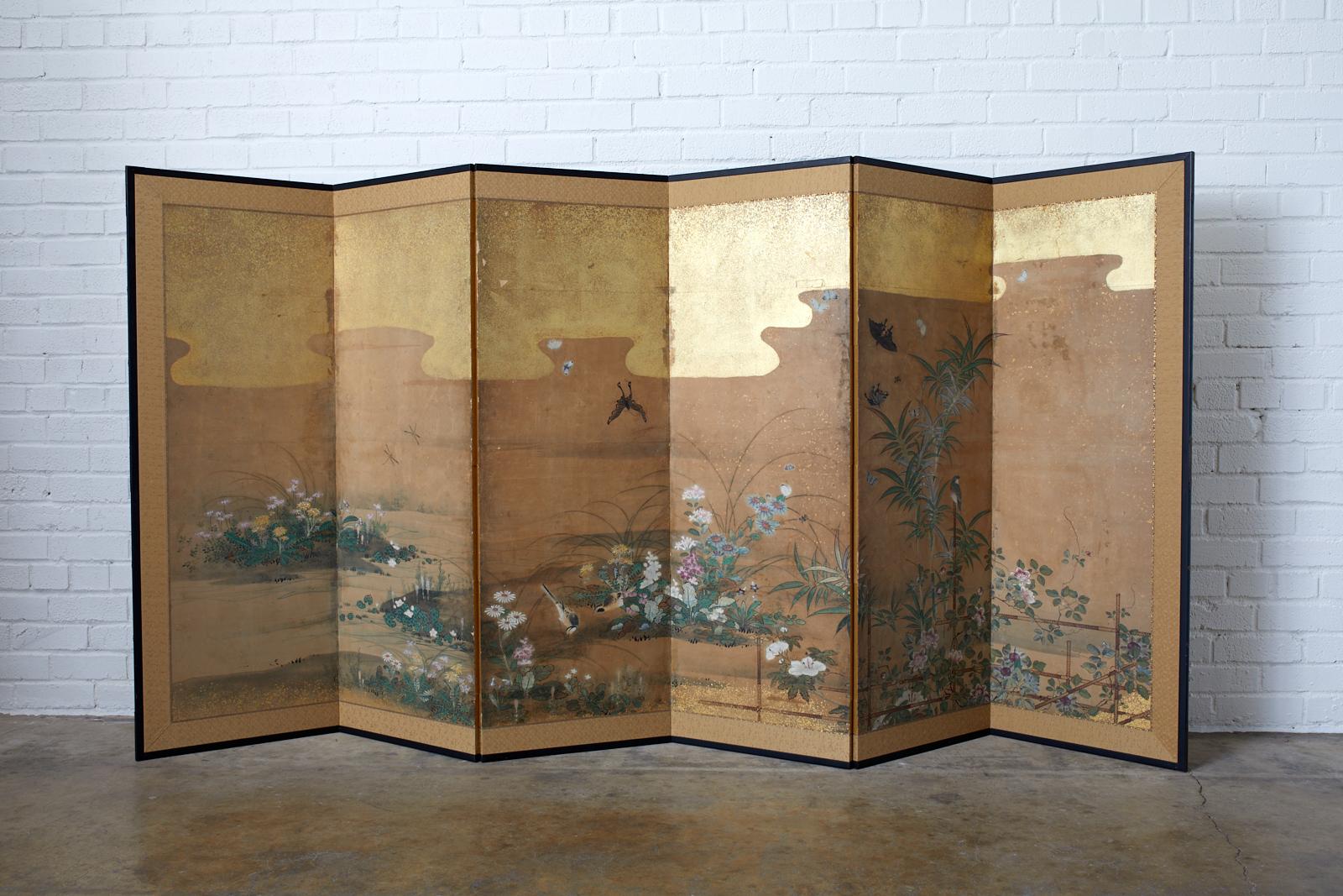 Japanese Six-Panel Edo Screen Flora Fauna Landscape 12
