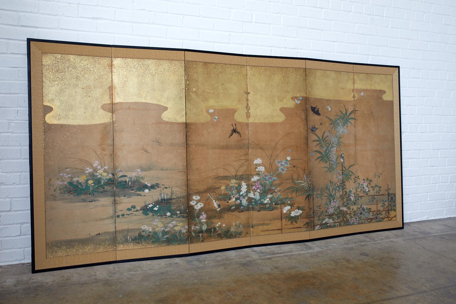 Hand-Crafted Japanese Six-Panel Edo Screen Flora Fauna Landscape