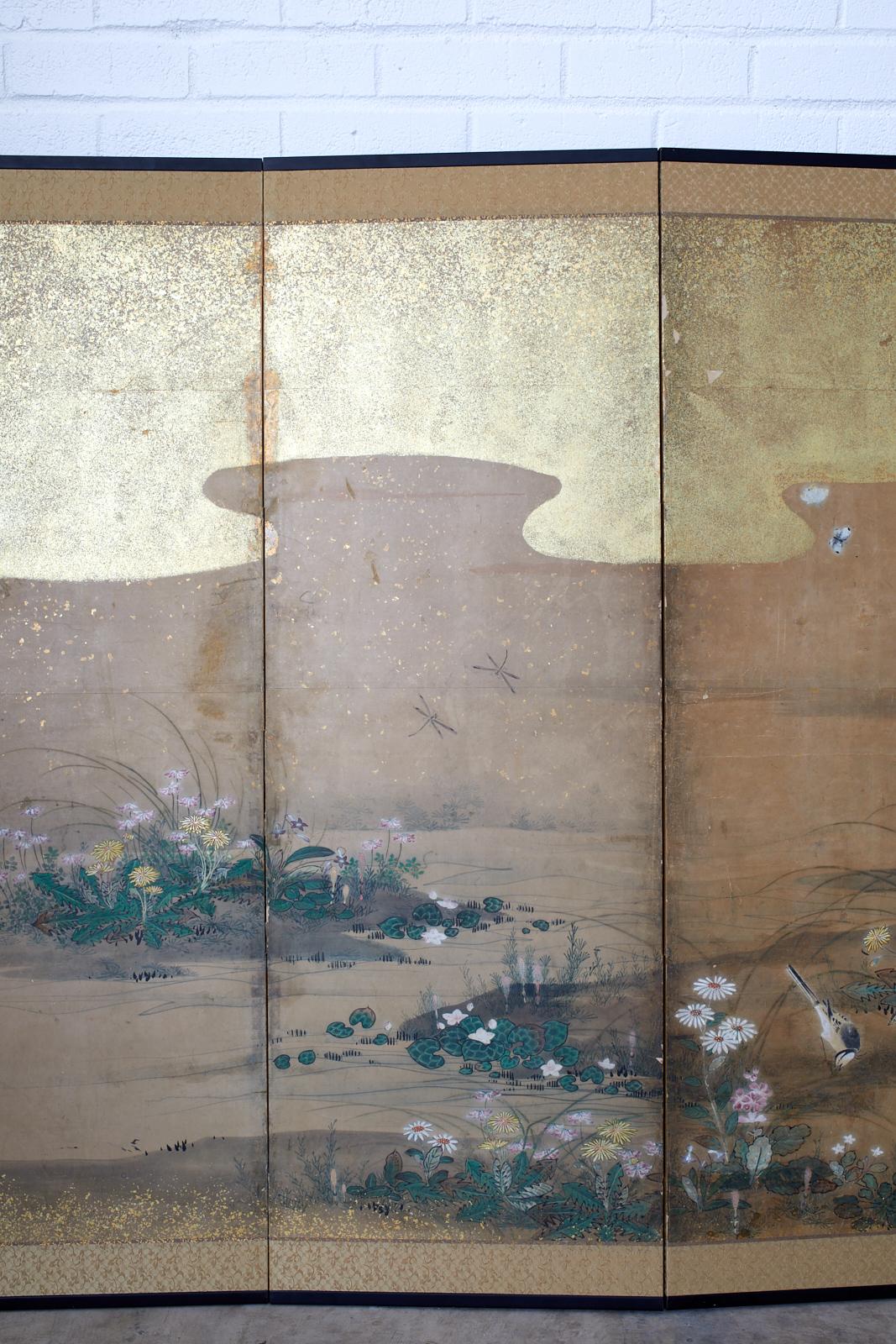 18th Century and Earlier Japanese Six-Panel Edo Screen Flora Fauna Landscape