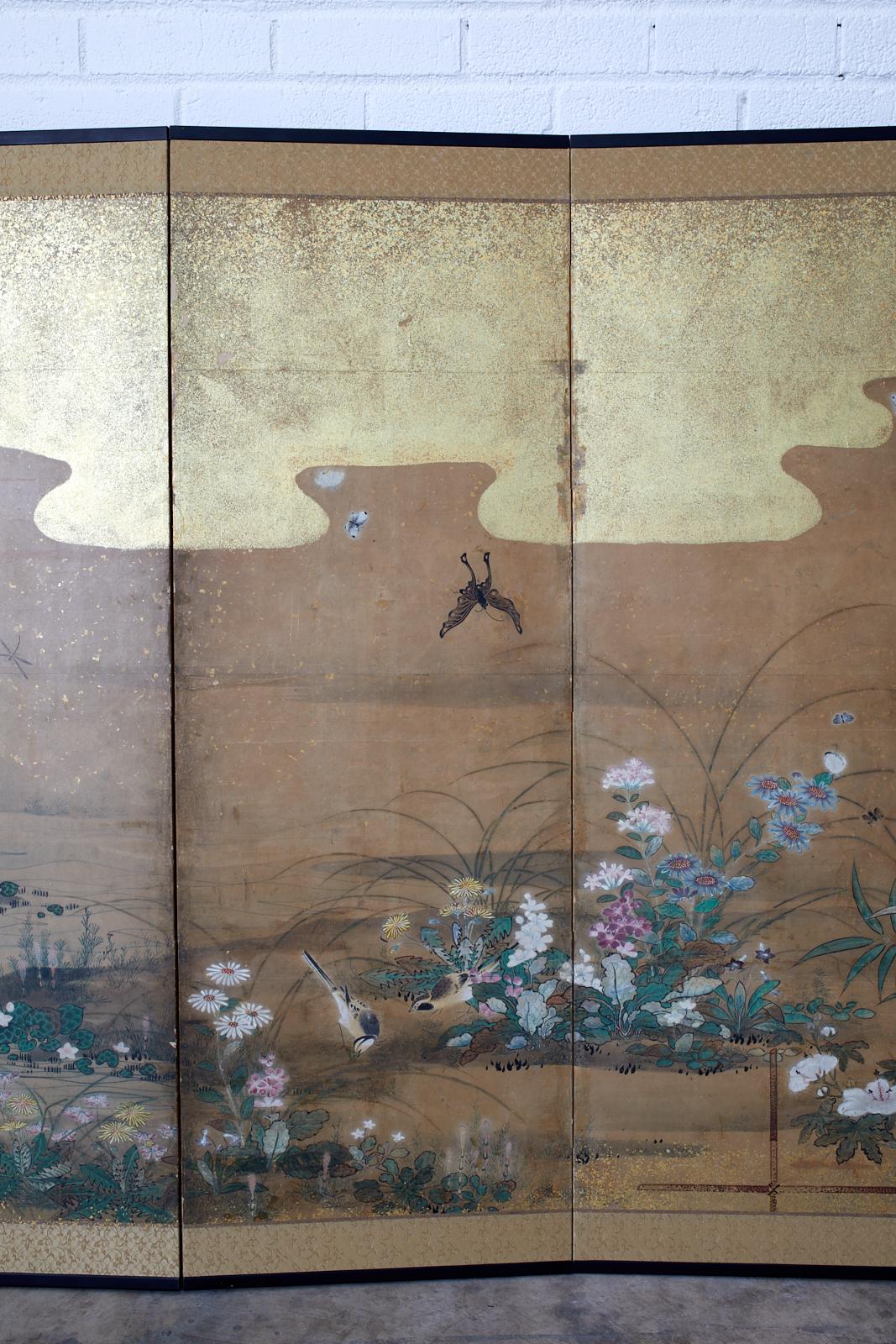 Wood Japanese Six-Panel Edo Screen Flora Fauna Landscape