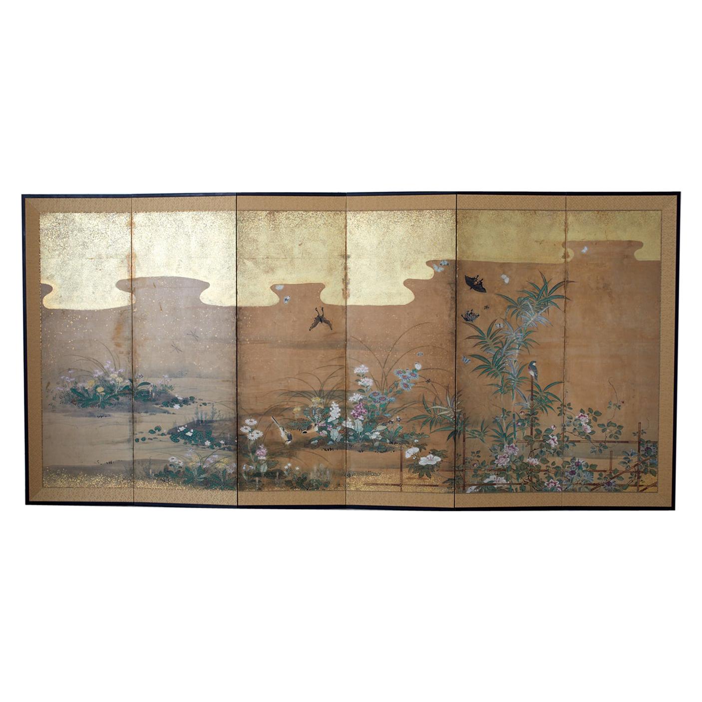Japanese Six-Panel Edo Screen Flora Fauna Landscape