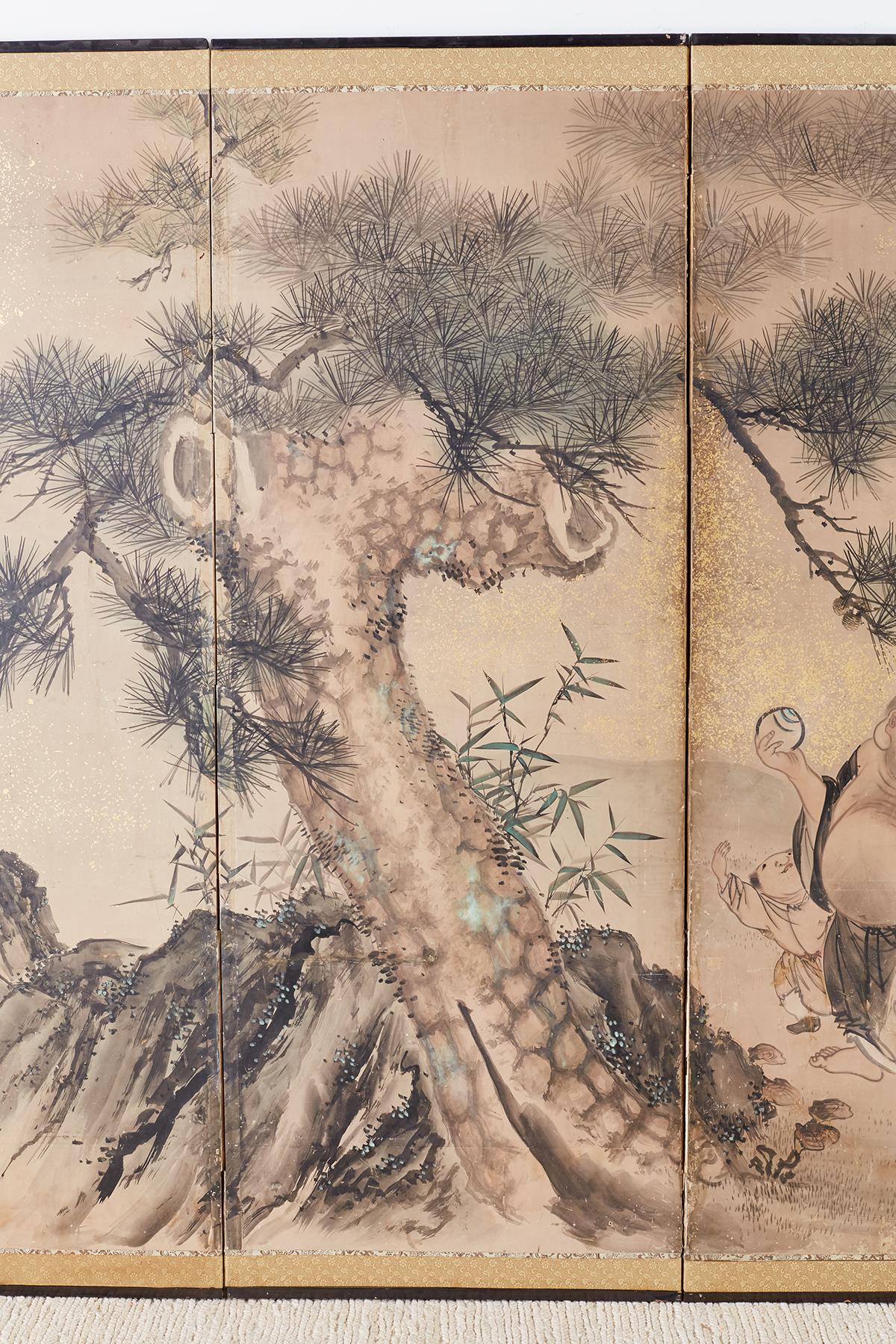 Etched Japanese Six-Panel Edo Screen of Immortals with Children