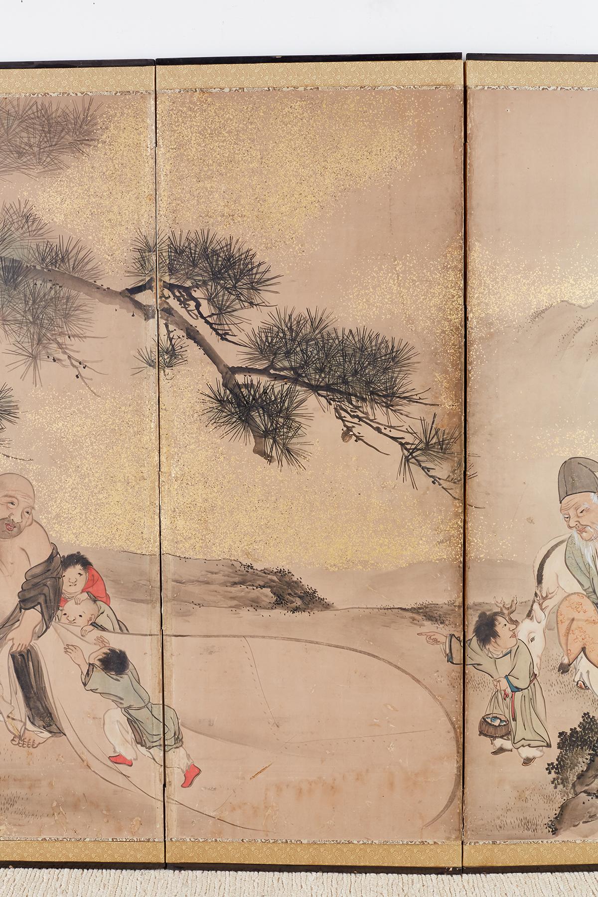 19th Century Japanese Six-Panel Edo Screen of Immortals with Children