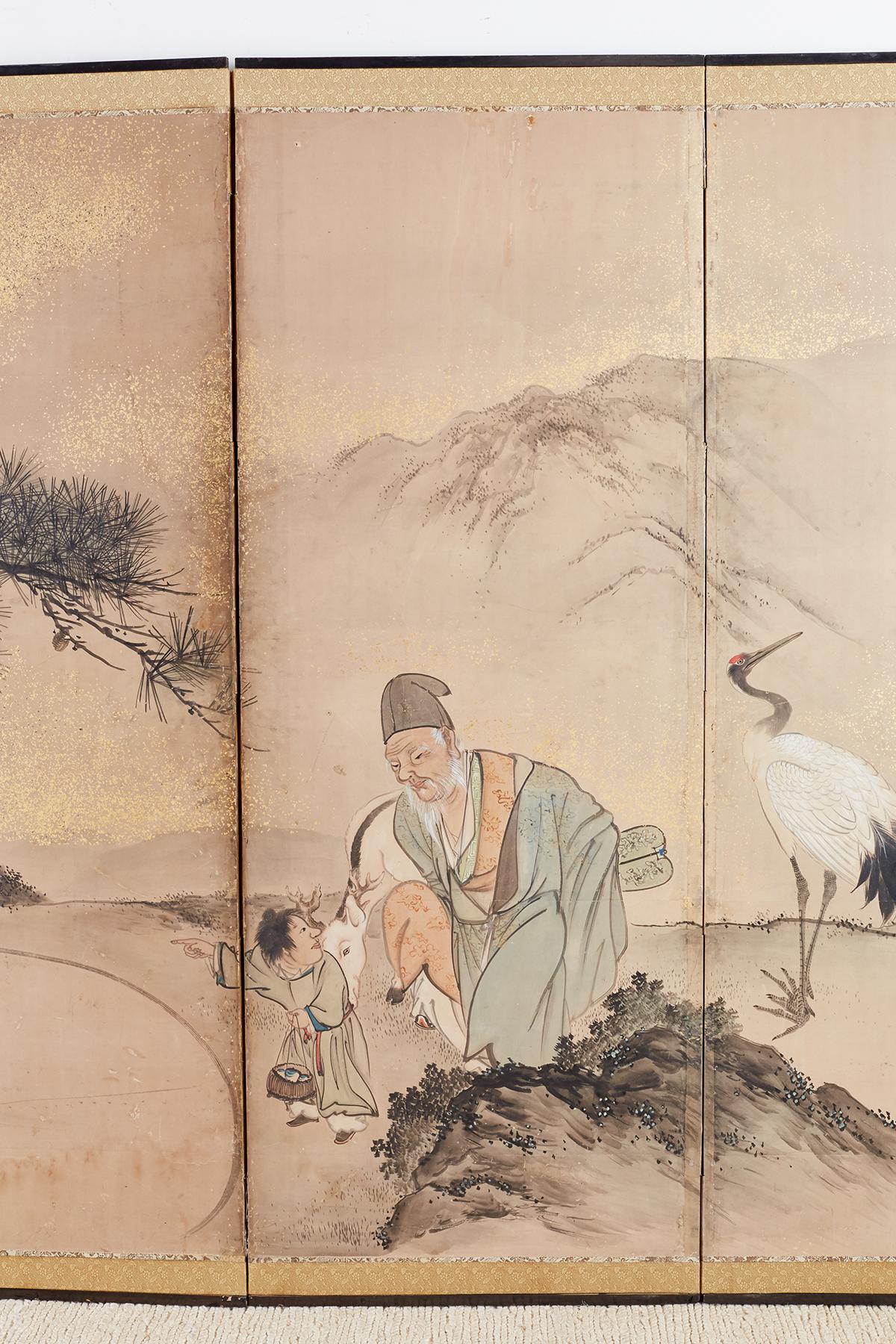Brass Japanese Six-Panel Edo Screen of Immortals with Children