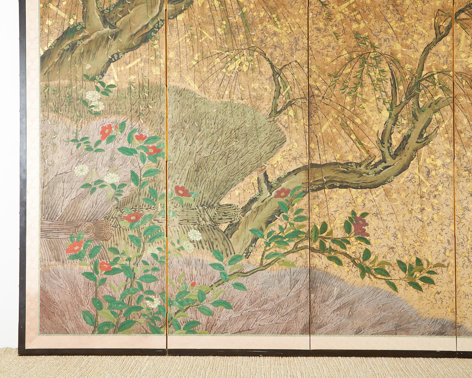 Japanese Six-Panel Edo Screen Willow with Flowers 4