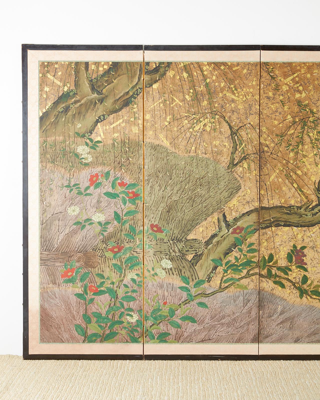 Hand-Crafted Japanese Six-Panel Edo Screen Willow with Flowers