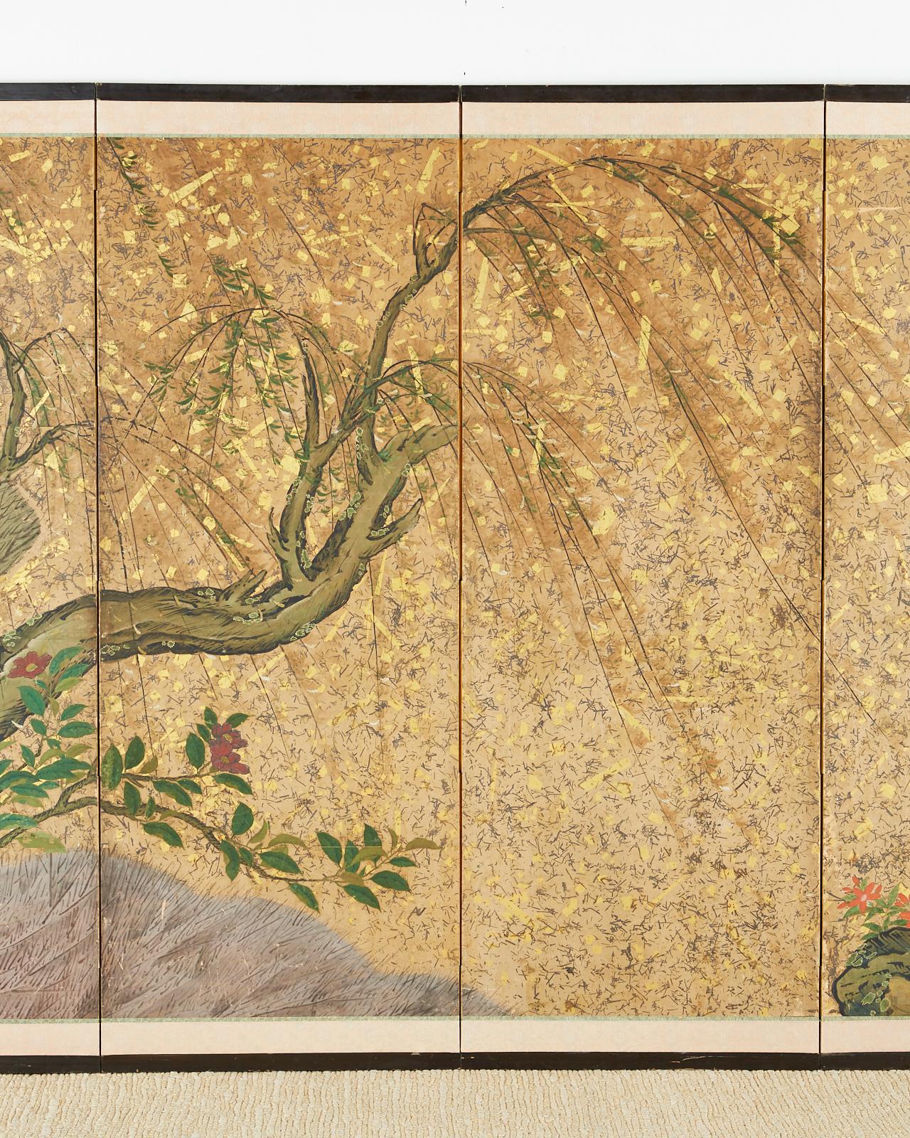 Japanese Six-Panel Edo Screen Willow with Flowers In Good Condition In Rio Vista, CA