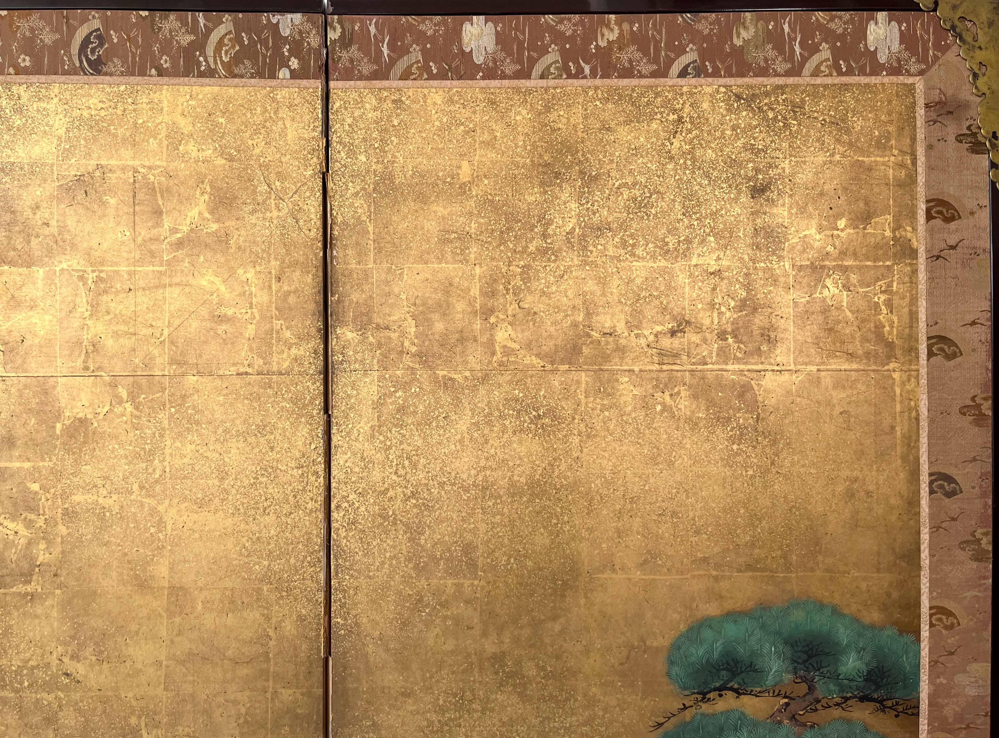 Japanese six-panel folding screen with gold-leaf depicting an idyllic landscape For Sale 4