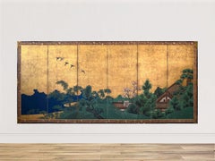 Japanese six-panel folding screen with gold-leaf depicting an idyllic landscape