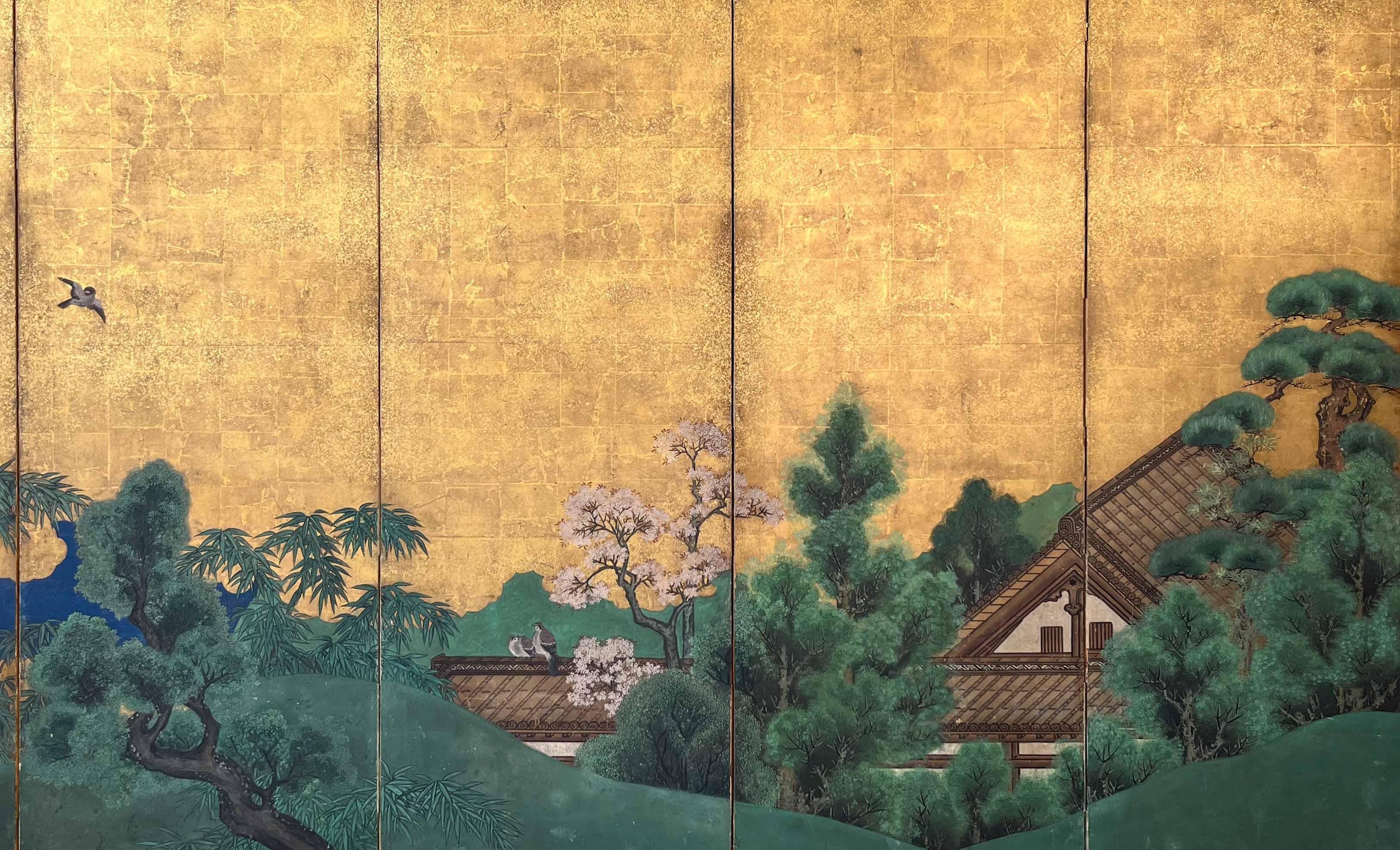 Hand-Painted Japanese six-panel folding screen with gold-leaf depicting an idyllic landscape For Sale