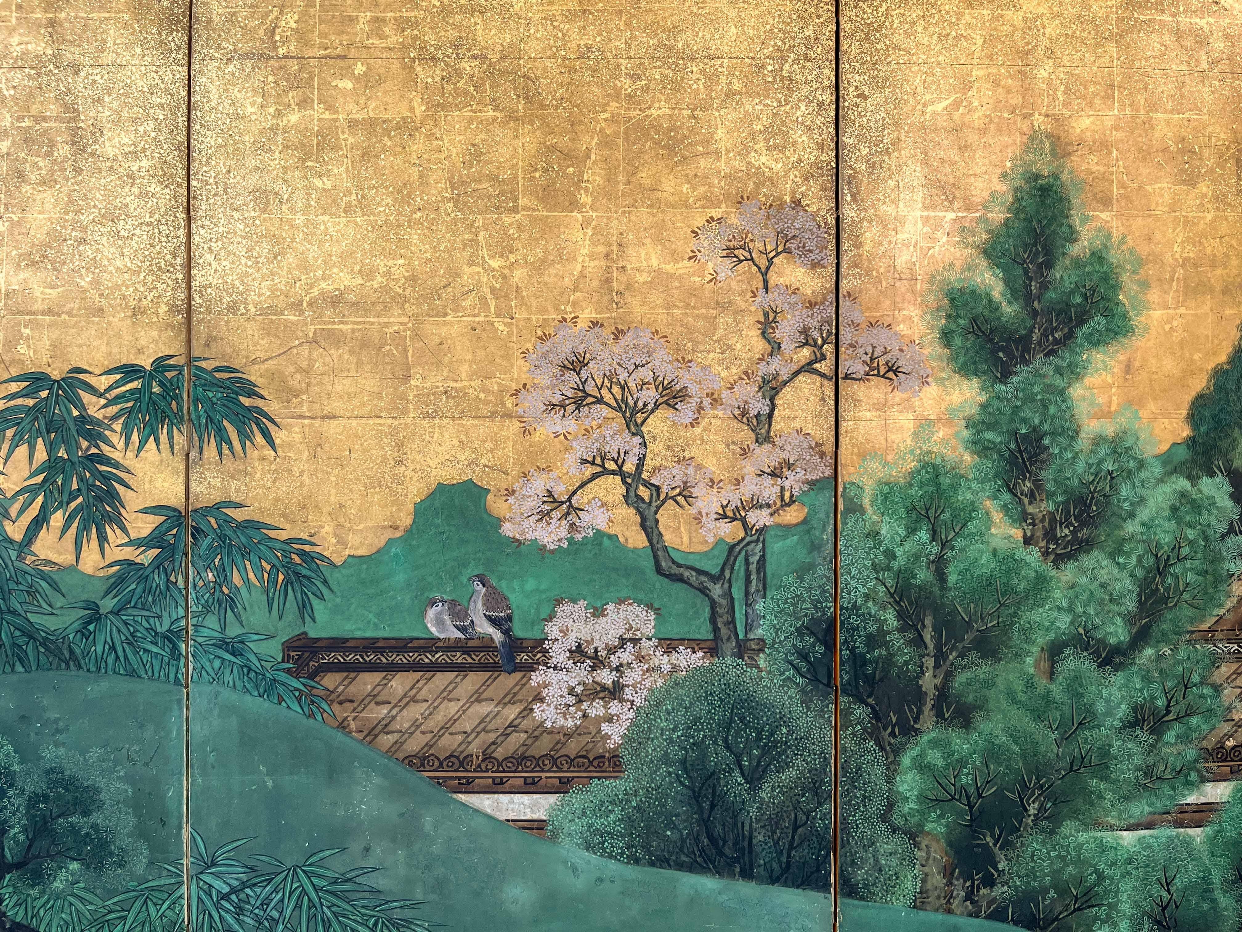 18th Century and Earlier Japanese six-panel folding screen with gold-leaf depicting an idyllic landscape For Sale